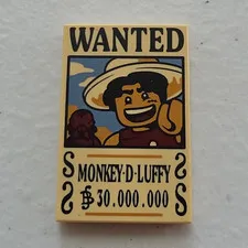 LEGO One Piece Tile Custom Printed WANTED Poster Monkey D. Luffy Beige 1pc