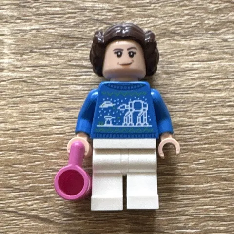 LEGO Minifigure Dark Brown Hair Blue Sweater White Legs Pink Mug