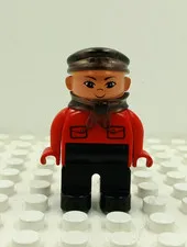 Lego Duplo Figure Asian Man black cap neckerchief red/black
