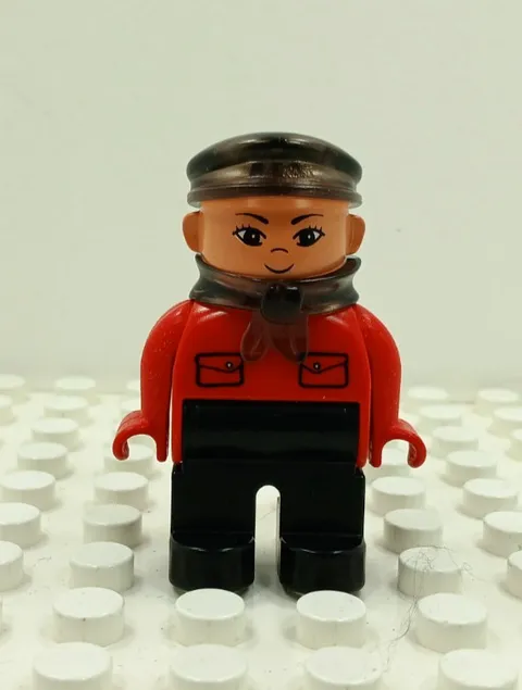 Lego Duplo Figure Asian Man black cap neckerchief red/black