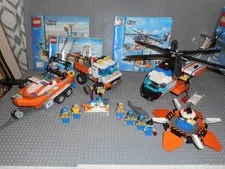 Lego Coast Guard theme set lot, 7726 + 7738 Helicopter, Speed Boat, Truck, figs