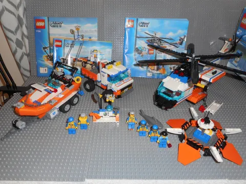 Lego Coast Guard theme set lot, 7726 + 7738 Helicopter, Speed Boat, Truck, figs