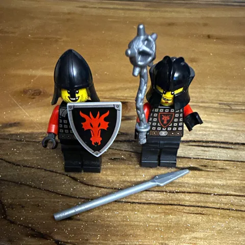 LEGO Castle Black Knight Minifigures Lot (2) w/ Shield, Spear & Mace