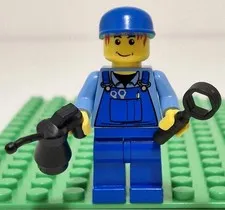 Lego Mechanic Minifigure With Red Hair Overalls Hat Wrench & Oil Can
