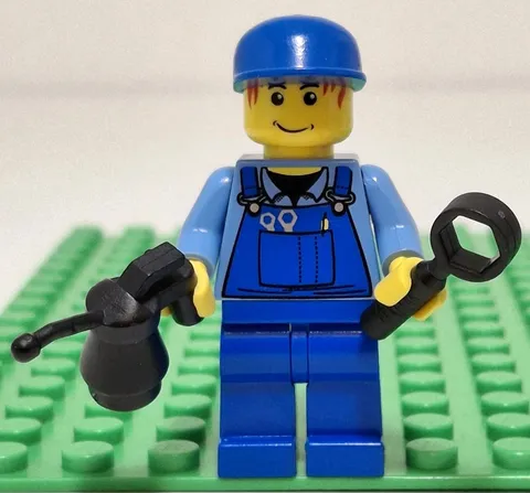 Lego Mechanic Minifigure With Red Hair Overalls Hat Wrench & Oil Can