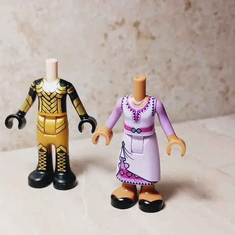 New LEGO Friends doll Figure Lot of 2 Brown Skin Purple Dress Space Gold Suit