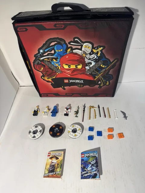 LEGO Ninjago Lot Storage Case 4 Minifigures Spinners Cards Weapons Sensei Wu