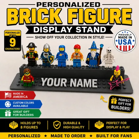 Personalized Brick Figure Display Stand Custom Name Holds 8 Figures Made in USA