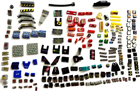 Vintage LEGO Printed Parts Lot Specialty Bricks Slopes Tiles Consoles Space Town