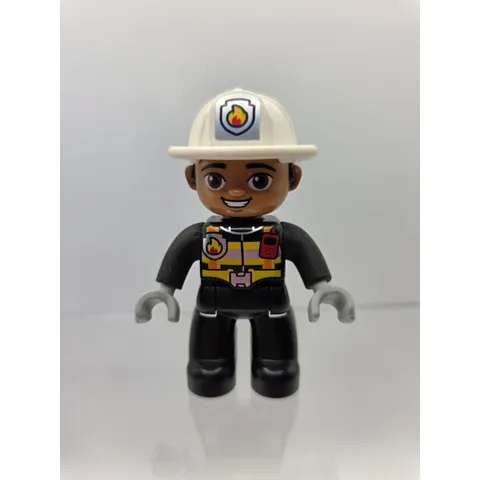 LEGO Duplo Firefighter Minifigure Black Suit White Helmet Flame Emblem