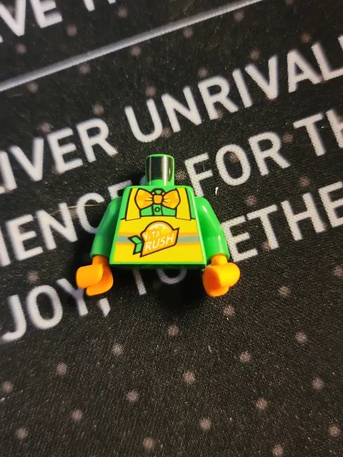 Lego New Bright Green Minifig Torso Button Up Shirt Orange Bow Tie Polka Dots