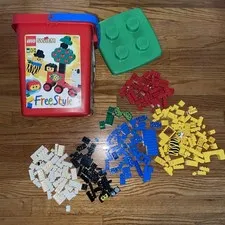 Vintage LEGO FreeStyle Bucket Red Blue Green Black Bricks Incomplete