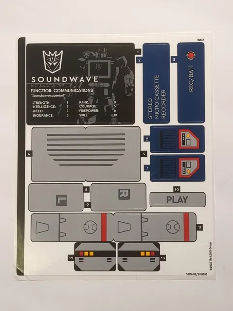 NO BRICKS! LEGO 10358 Soundwave Sticker Sheet - Transformers - New Genuine