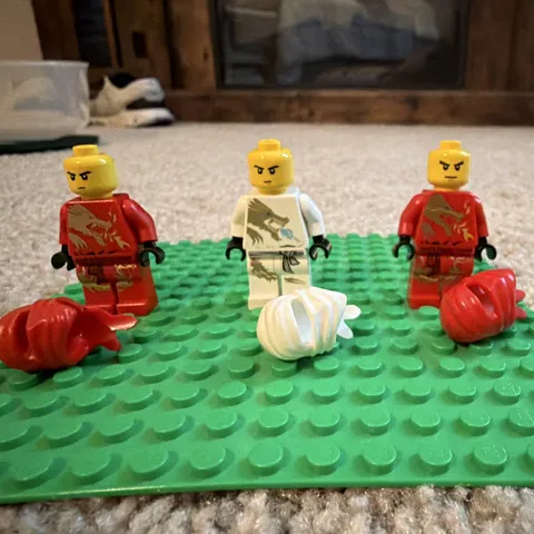 LEGO Minifigures Lot of 3 w/ Helmets, Red/White Torsos, Yellow Heads, Armor