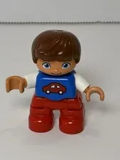 Duplo Figure Lego Ville Boy Child Kid Red Legs Blue Top with Car Brown Hair
