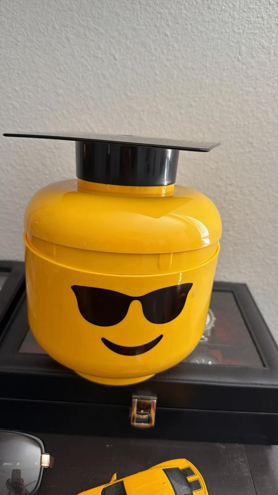 LEGO Minifigure Head Storage Container Yellow/Black w/ Graduation Cap