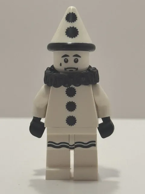 LEGO Sad Clown Minifigure White w/ Black Ruffled Collar & Cone Hat