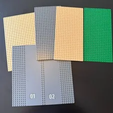 5 LEGO Baseplates:  (2) 32x32, (3) 16x32, Tan, Gray with roads, green, see notes