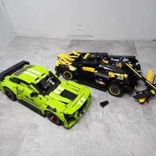 LEGO Technic Ford Mustang 42138 & Bugatti Bolide 42151 Car Lot Green Yellow Toy