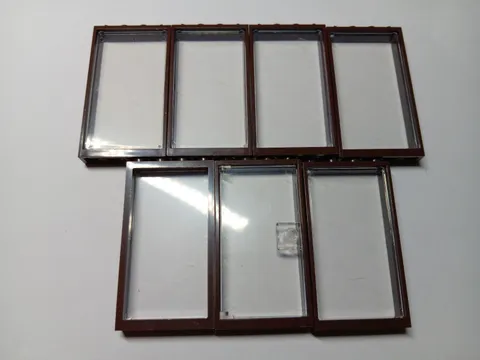 LEGO BULK LOT 7 DARK BROWN WINDOW DOORS FRAMES TRANS CLEAR PANES 1X4X6