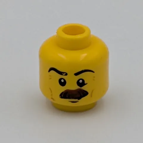 LEGO Minifigure Head Yellow Brown Mustache Furrowed Brow Male Face Replacement