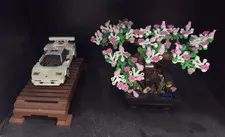 LEGO Built Display Models Car on Stand & Cherry Blossom Flowering Tree