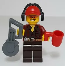 Lego Lumberjack Logging Minifigure w Saw Coffee Mug Flannel Shirt Headphones Hat