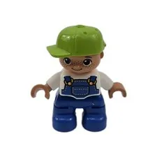 LEGO Duplo Boy Figure Lime Green Cap Blue Overall White Top Shirt Kid Child