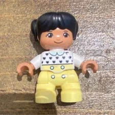 LEGO Duplo  Figure Black Hair White Printed Torso & Tan Legs Plastic