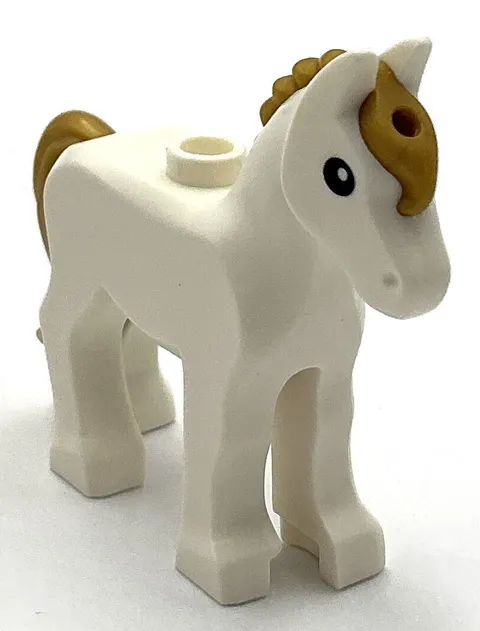 Lego New White Horse Foal w/ Stud on Back Molded Pearl Gold Tail Part