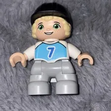 Lego Duplo Figure Kid Boy lt blue cap blonde #7 teal/slate gray