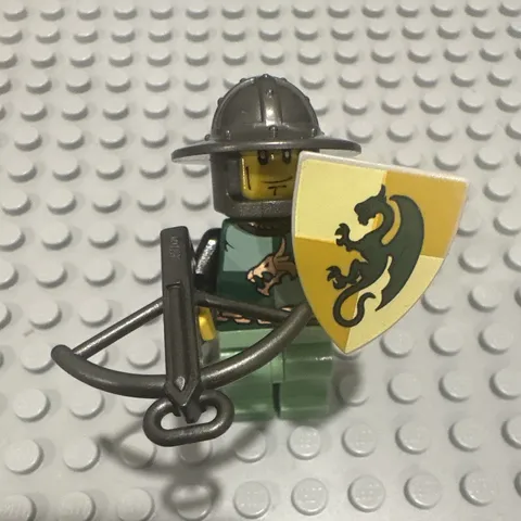 LEGO Castle Green Knight Minifigure w/ Gray Helmet, Dragon Shield & Crossbow