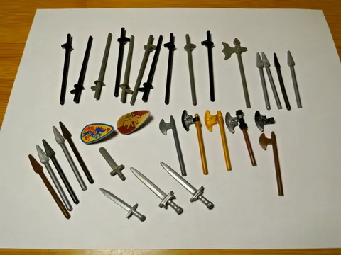 LEGO Minifigure Weapons Lot, Pieces Shields medieval swords, axe, jousting