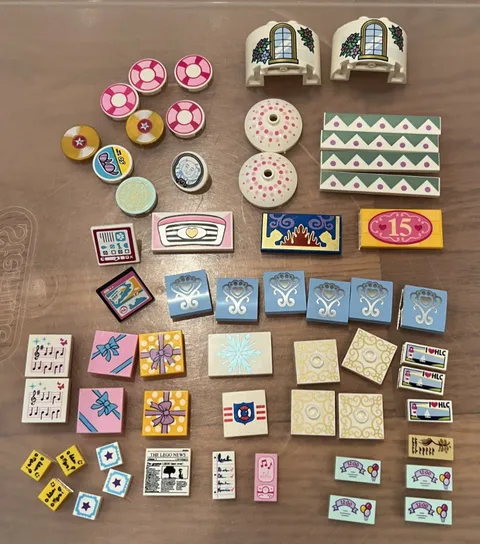 LEGO Friends Lot of 57 Printed Tile Lot – Castles, Presents, Pool, Celebrations