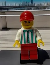 LEGO Minifigure Hot Dog Vendor - Red Legs Cap Sweat Drops City Recreation 1434