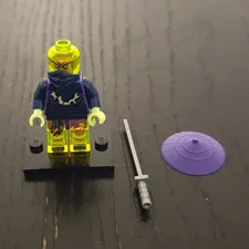 LEGO Minifigure Trans-Neon Green Head Blue Torso Purple Hat Umbrella Gray Sword