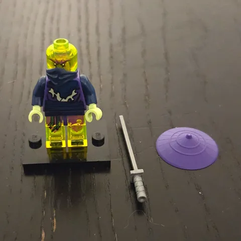 LEGO Minifigure Trans-Neon Green Head Blue Torso Purple Hat Umbrella Gray Sword