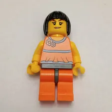 LEGO Female Minifigure w/ Black Bob Hair, Peach Tank Top Torso & Orange Legs