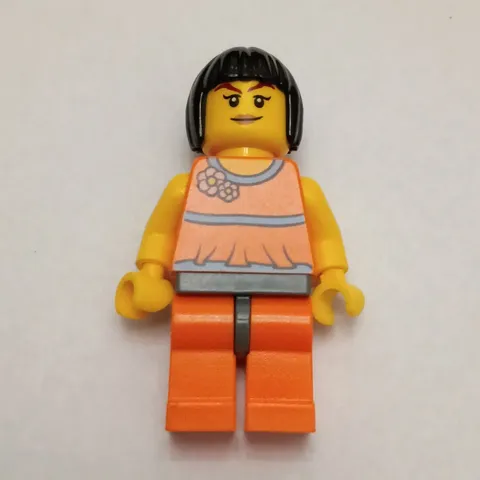 LEGO Female Minifigure w/ Black Bob Hair, Peach Tank Top Torso & Orange Legs