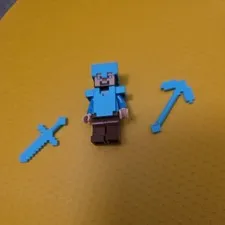 Lego Minifigure Steve With Diamond Armor & Weapons Minecraft ( wrong legs)