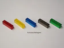 5 Lego #3066 Bricks 1 x 4 No Bottom Tubes Trans Red, Yellow, Blue, Smoke, Green