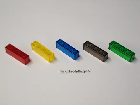 5 Lego #3066 Bricks 1 x 4 No Bottom Tubes Trans Red, Yellow, Blue, Smoke, Green