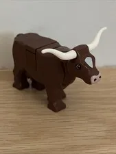 Lego Cow w/Light Nougat Muzzle & White Spot w/Long Horns Tile Top #64452pb01c02