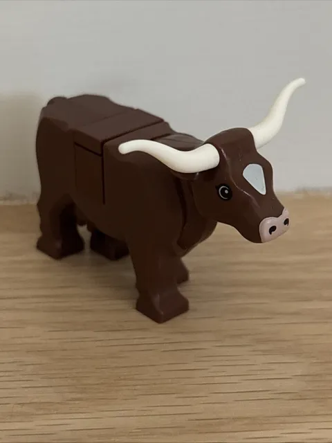 Lego Cow w/Light Nougat Muzzle & White Spot w/Long Horns Tile Top #64452pb01c02