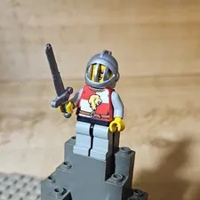 LEGO Plastic Castle Knight Minifigure Red Lion Torso Gray Legs w/ Sword & Helmet