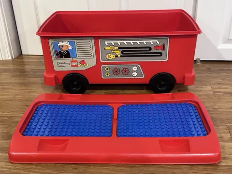 Vintage 1998 Duplo Lego Storage Container Sit On FIRE TRUCK w 2x Blue Baseplate