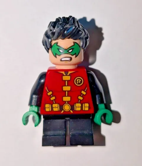 LEGO Robin Minifigure Red Tunic Green Mask and Hands Black Legs DC No Cape