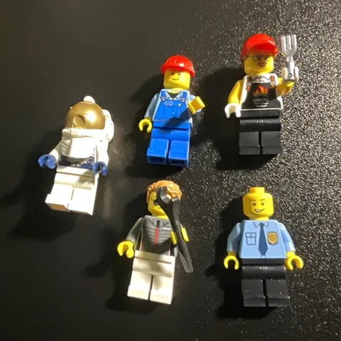 LEGO Minifigure Lot of 5 w/ Police Officer, Construction Worker, Astronaut