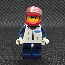 LEGO Ford Racing Driver Minifigure Red Helmet Blue White Outfit