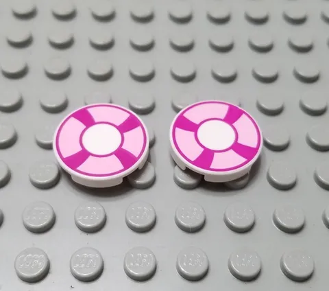 LEGO Lot of 2 White 2x2 Round Life Preserver Tiles with Pink Accents